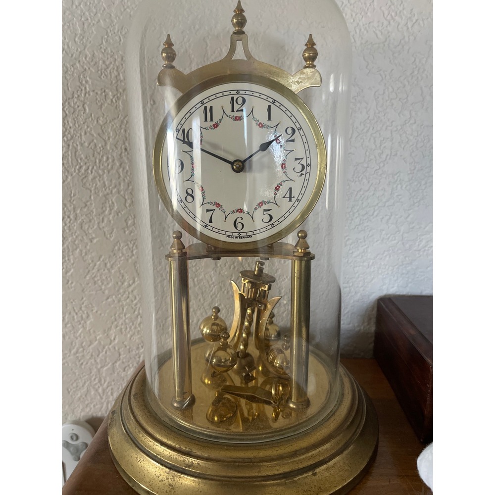 Vintage German Anniversary Clock Glass Dome Brass 400 Day‎ Clock For Repair - Picture 2 of 10
